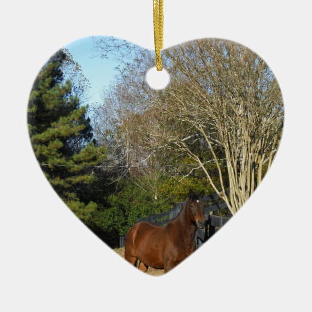 Adorno De Cerámica Caballo marrón contra una cerca (Frente)