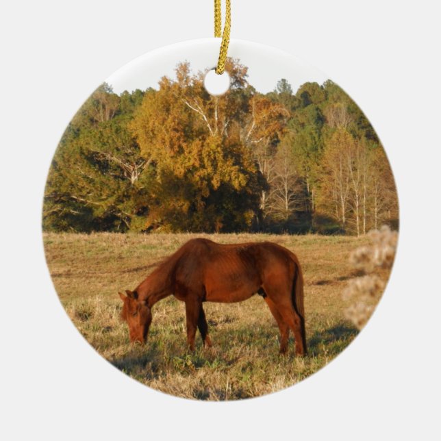 Adorno De Cerámica Caballo marrón en campo de árbol amarillo (Frente)