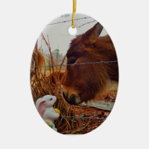 Adorno De Cerámica Caballo marrón en miniatura y conejo de Pascua