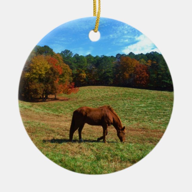 Adorno De Cerámica Caballo marrón rojo, árboles caídos, cielos azules (Frente)
