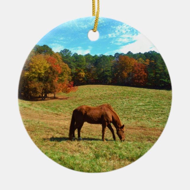 Adorno De Cerámica Caballo marrón rojo, cielo azul Verde azulado (Frente)
