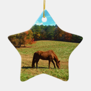 Adorno De Cerámica Caballo marrón rojo, cielo azul Verde azulado