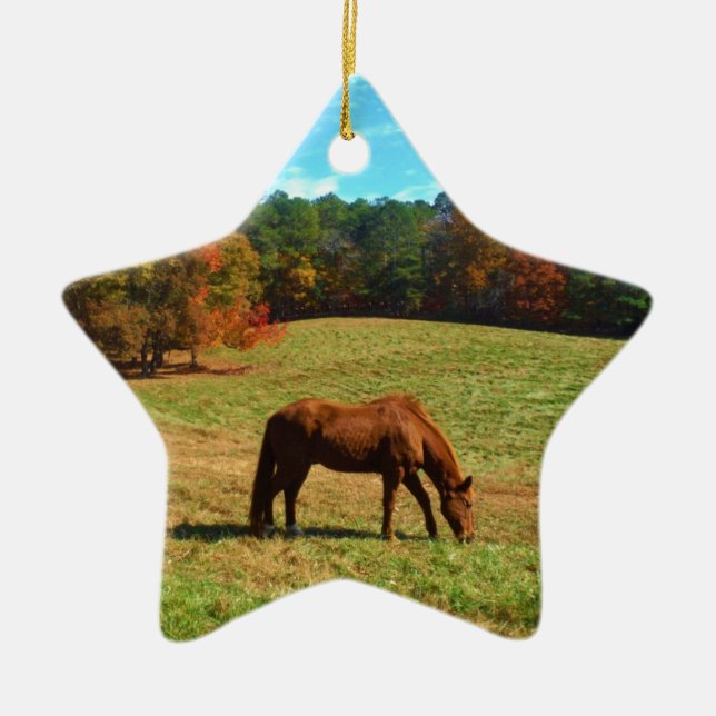 Adorno De Cerámica Caballo marrón rojo, cielo azul Verde azulado (Frente)