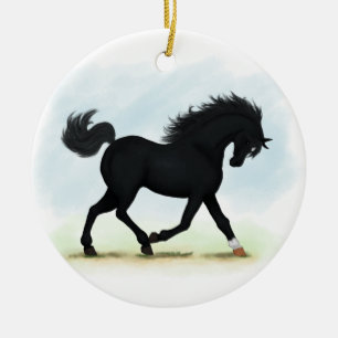 Adorno De Cerámica Caballo negro con estrella y pavo (belleza negra)