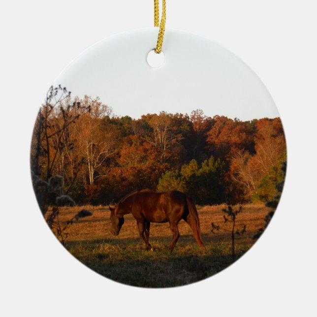 Adorno De Cerámica Caballo rojo marrón, bosque otoñal. (Frente)