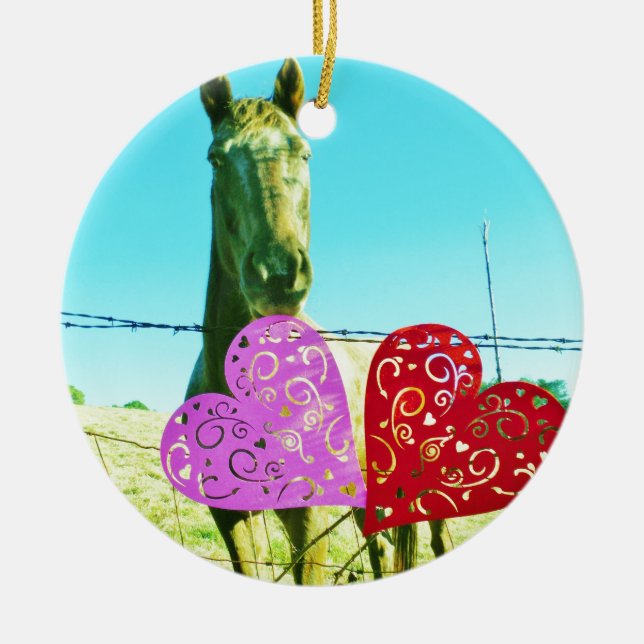 Adorno De Cerámica Caballo rubio y corazón rosado y rojo (Frente)