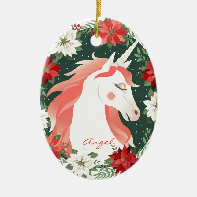Adorno De Cerámica Caballo unicornio de Poinsettia personalizada pers (Frente)