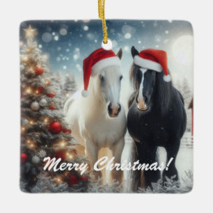 Adorno De Cerámica Caballos blancos y negros con sombreros de santa