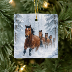 Adorno De Cerámica Caballos de Navidad corriendo por un bosque nevado