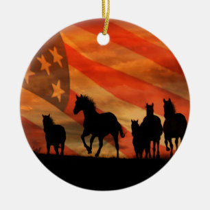Adorno De Cerámica Caballos y bandera estadounidense