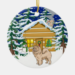 Adorno De Cerámica Cabaña de madera del navidad del perro chino de