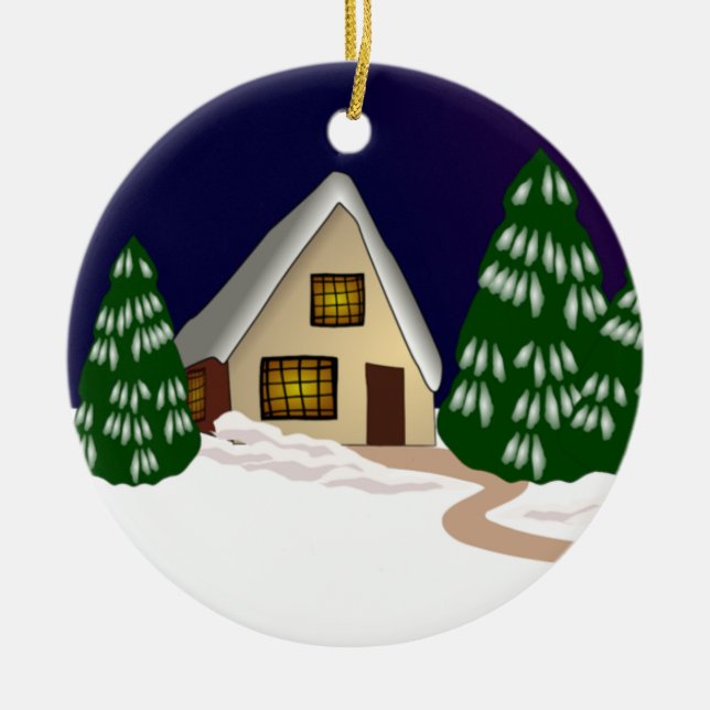Adorno De Cerámica Cabaña de nieve y árboles (Frente)