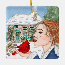 Adorno De Cerámica Cabaña inglesa dibujada a mano y cardenal