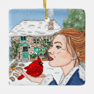Adorno De Cerámica Cabaña inglesa dibujada a mano y cardenal