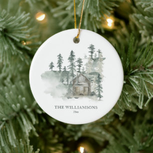 Adorno De Cerámica Cabaña Rústica Navidad Personalizada Verde Bosque