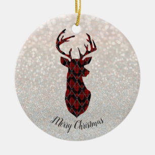 Adorno De Cerámica Cabeza de ciervo navidad, a cuadros, rojo y negro