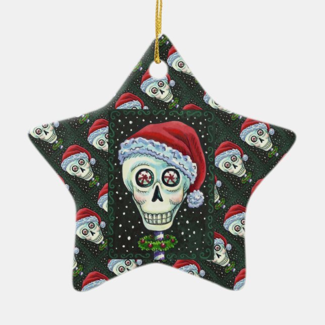 ADORNO DE CERÁMICA CABEZA MUERTA SANTA SKULL, NAVIDADES SKELETON HUMO (Frente)