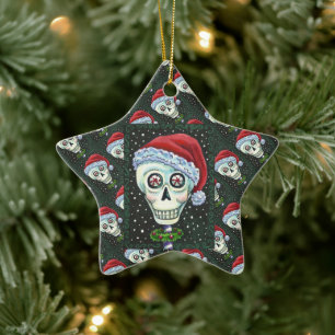 ADORNO DE CERÁMICA CABEZA MUERTA SANTA SKULL, NAVIDADES SKELETON HUMO