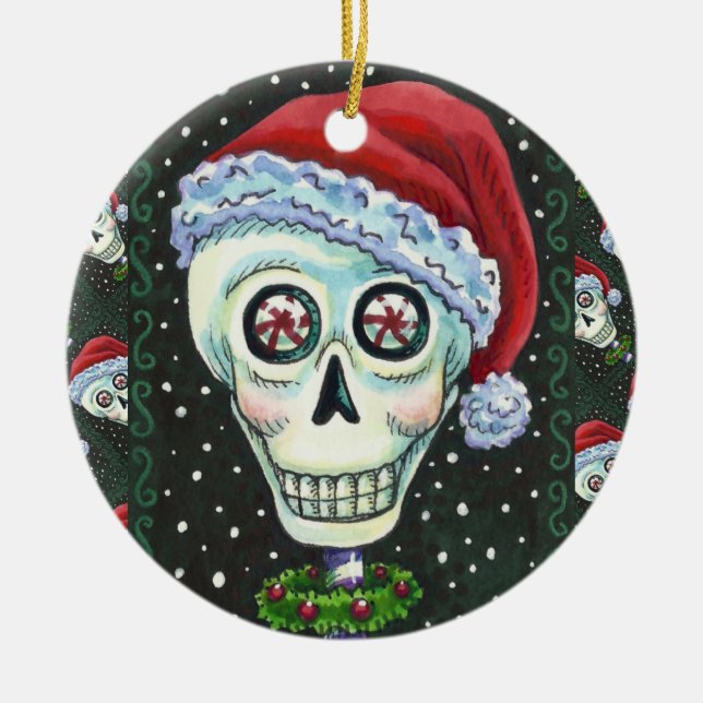 ADORNO DE CERÁMICA CABEZA MUERTA SANTA SKULL, NAVIDADES SKELETON HUMO (Frente)