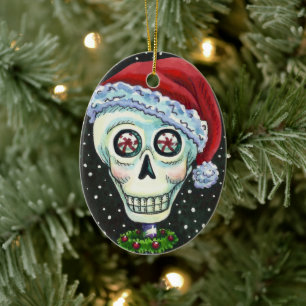 ADORNO DE CERÁMICA CABEZA MUERTA SANTA SKULL, NAVIDADES SKELETON HUMO