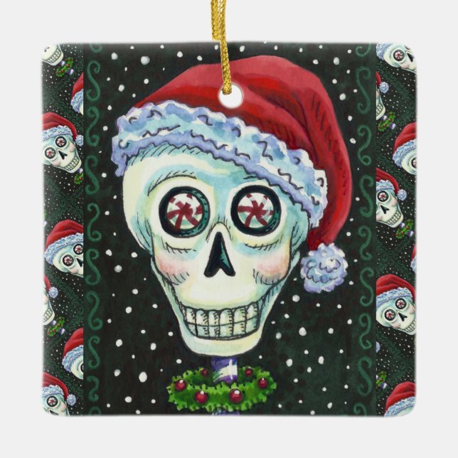 ADORNO DE CERÁMICA CABEZA MUERTA SANTA SKULL, NAVIDADES SKELETON HUMO (Anverso)