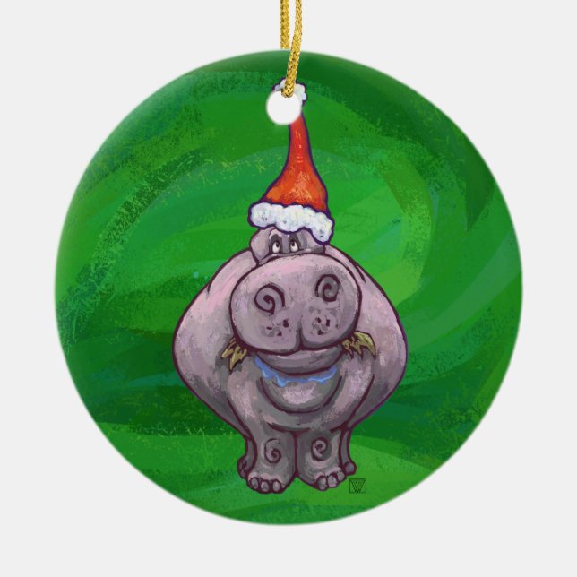 Adorno De Cerámica Cabezas festivas y carcajadas Hippo en verde (Frente)