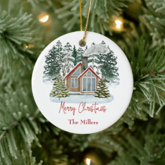 Adorno De Cerámica Cabin Merry Christmas Personalizable Name