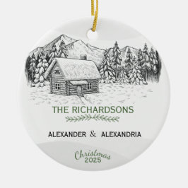 Adorno De Cerámica Cabina Snowy Mountain Winter Log