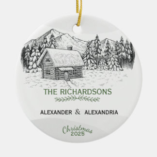 Adorno De Cerámica Cabina Snowy Mountain Winter Log