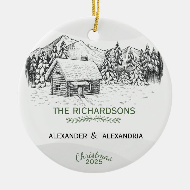 Adorno De Cerámica Cabina Snowy Mountain Winter Log (Frente)