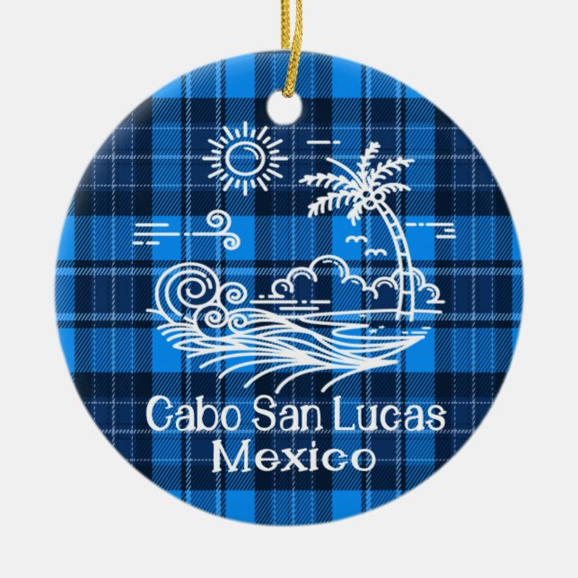 Adorno De Cerámica Cabo San Lucas México en Navidades de Blue Tartán (Frente)