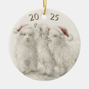 Adorno De Cerámica Cabra Angora Fechada Trío Sombrero de Santa Navida