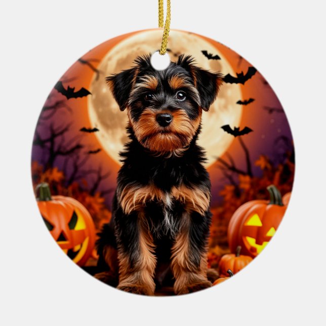 Adorno De Cerámica Cachorro adorable con fondo de Halloween (Frente)