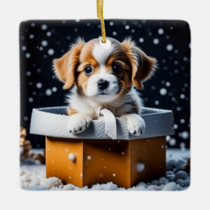 Adorno De Cerámica Cachorro Adorable en una Caja de Regalo Navidad