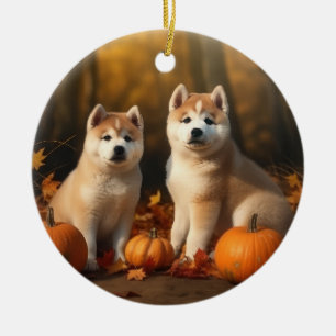 Adorno De Cerámica Cachorro Akita Otoño Delicia Calabaza