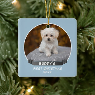 Adorno De Cerámica Cachorro azul adorable 1er Navidad Foto de perro