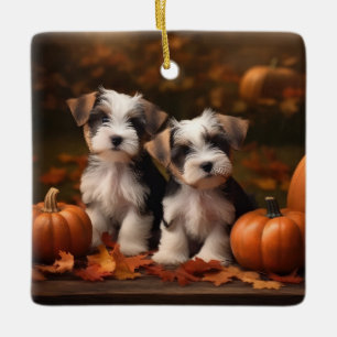 Adorno De Cerámica Cachorro Biewer Terrier Otoño Delicia Calabaza