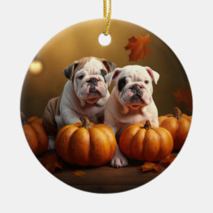 Adorno De Cerámica Cachorro Bulldog Otoño Delicia Calabaza