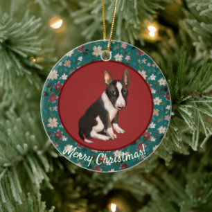 Adorno De Cerámica cachorro bullterrier floral de Navidad