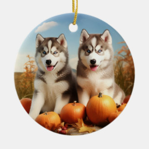 Adorno De Cerámica Cachorro de Alaskan Malamute Otoño Delicia Calabaz