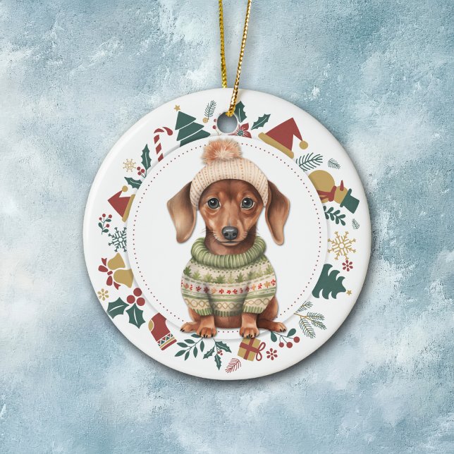 Adorno De Cerámica Cachorro de dachshund en Navidades de suéter inver (Subido por el creador)
