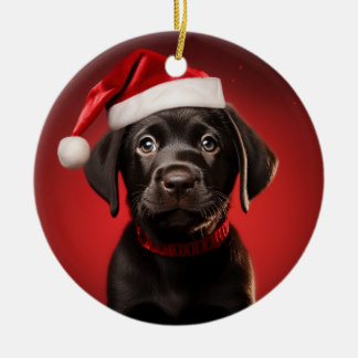 Adorno De Cerámica Cachorro de laboratorio negro en Santa Hat