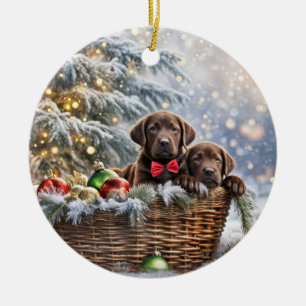 Adorno De Cerámica Cachorro de Labrador Chocolate Navidades