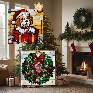 Adorno De Cerámica Cachorro de Navidad Envuelto en Vidrio Falso Pinta