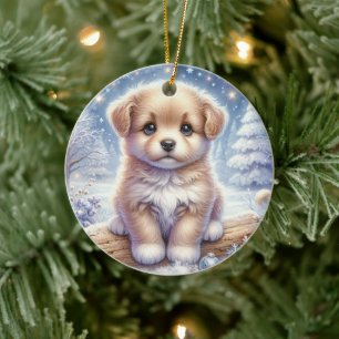 Adorno De Cerámica Cachorro de Ojos Azules en un Sueño Invernal