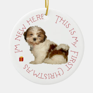 Adorno De Cerámica Cachorro de Shih Tzu Primera Navidad