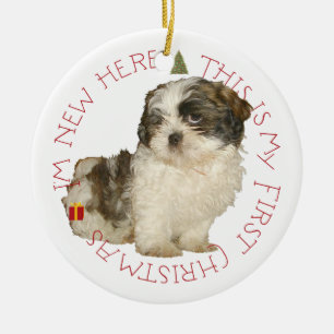 Adorno De Cerámica Cachorro de Shih Tzu Primera Navidad