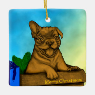 Adorno De Cerámica Cachorro en una caja , Feliz Navidad