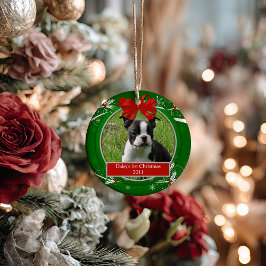 Adorno De Cerámica Cachorro Gatito 1er Navidad Rojo Verde Acebo Bayas