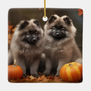 Adorno De Cerámica Cachorro Keeshond Otoño Delicia Calabaza